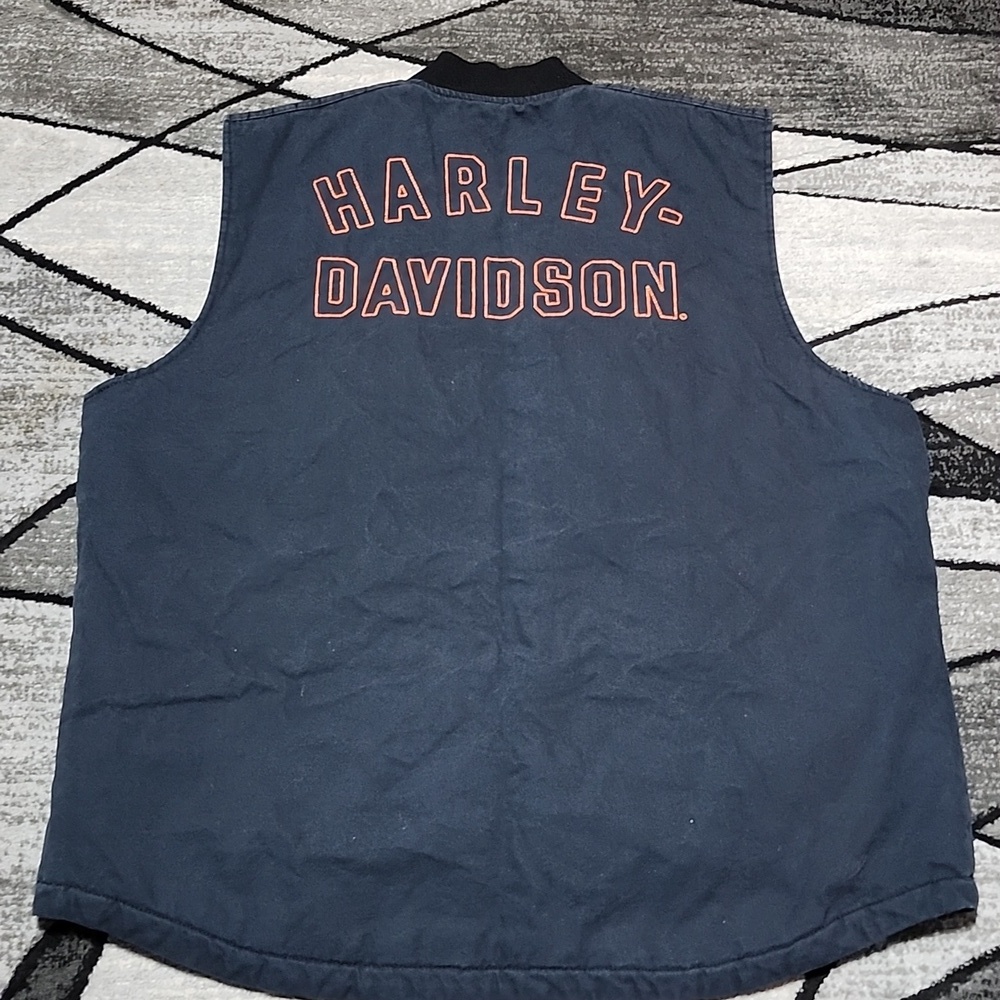 HARLEY DAVIDSON EMBROIDERED BLACK CANVAS FULL-ZIP SNAP-BUTTON QUILTED VEST